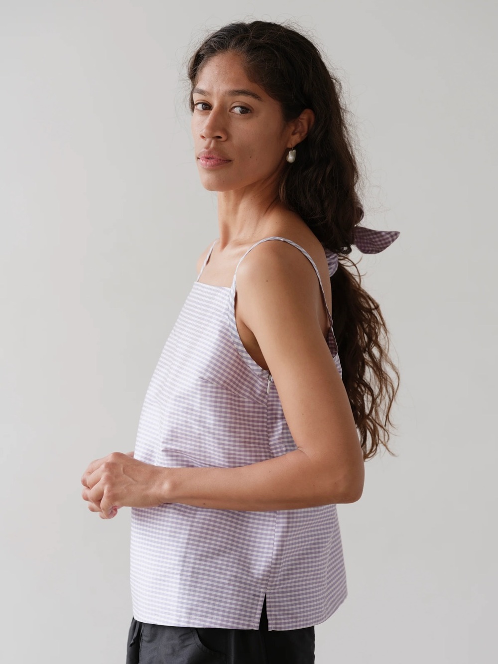 NWT DONNI Silk Taffeta Shell Tank Top Taro Purple White Gingham Size Small